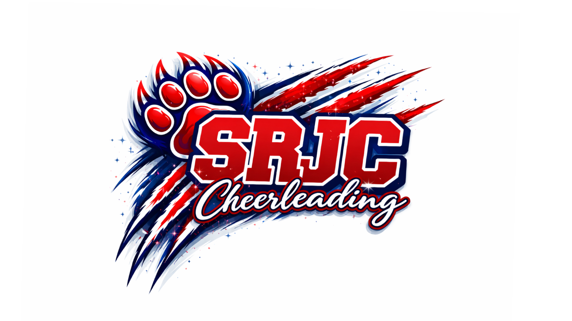 Logo for SRJC Cheerleading Club picturing a red and blue paw and scratch marks behind the red text reading "SRJC Cheerleading"