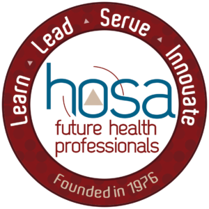 HOSA Logo picturing a white circle with red border. In the red border, it reads: Listen, Lead, Serve, Innovate, Founded in 1976. In the white circle, it reads: hosa future health professionals 